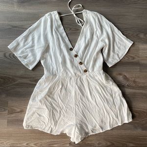 White Faux Wrap Romper with Buttons